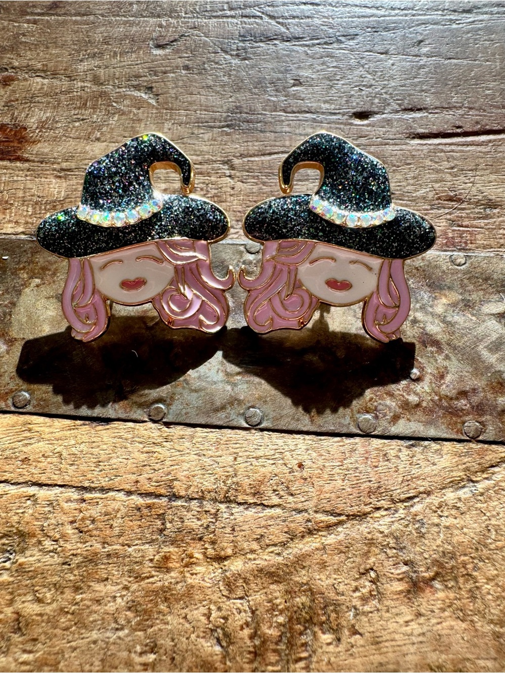 Witch Face Enamel- Pink Hair, Black Hat Earrings & Ghost Family Earrings